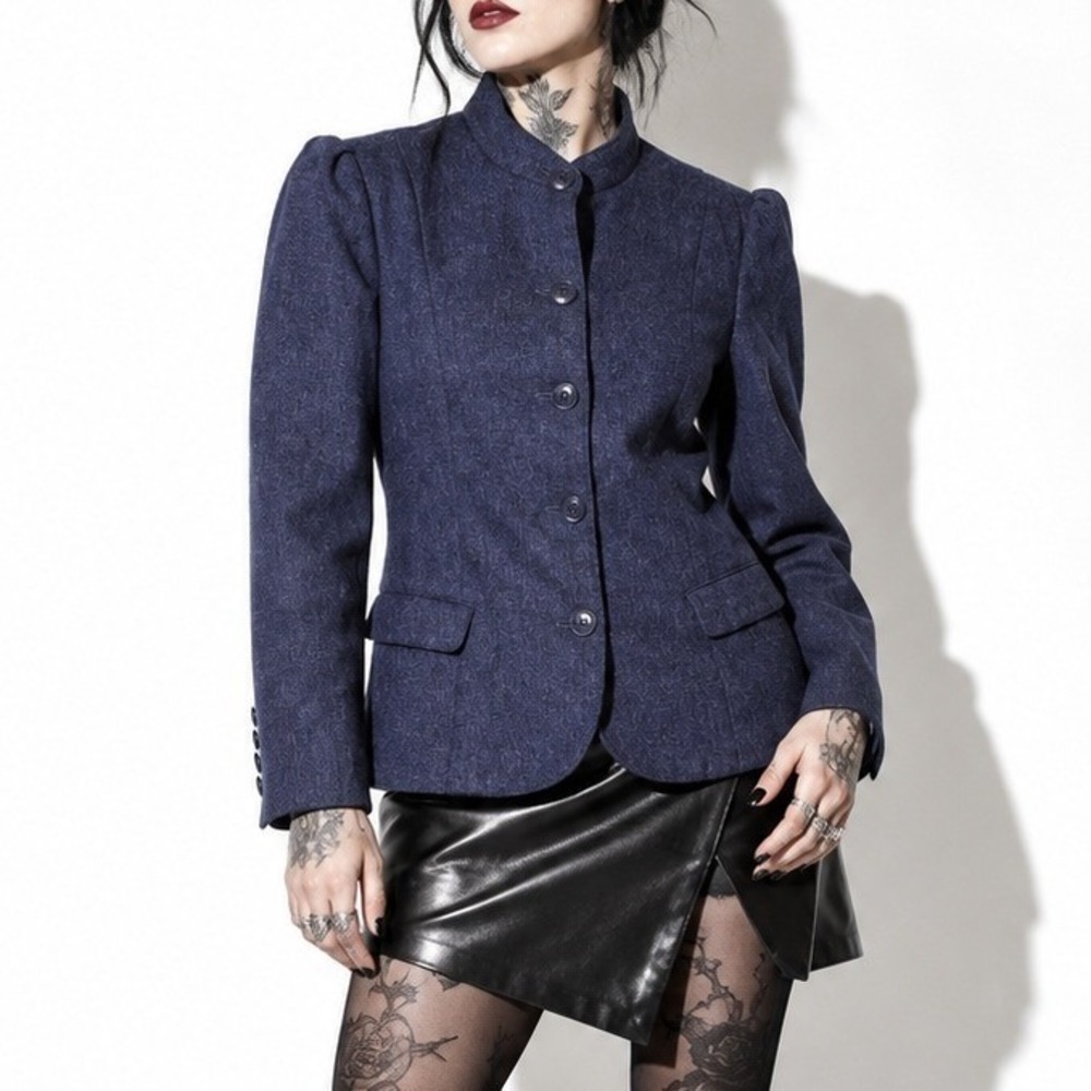 70s Vintage Blue Gray Wool Band Collar Blazer Women PS Puff Sleeve Cool Tone